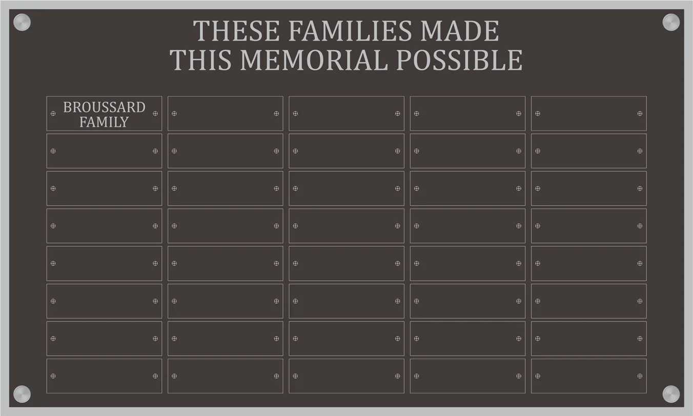 The Tier 5 family donation plaque, headed “These families made this memorial possible”, listing family names in three columns.